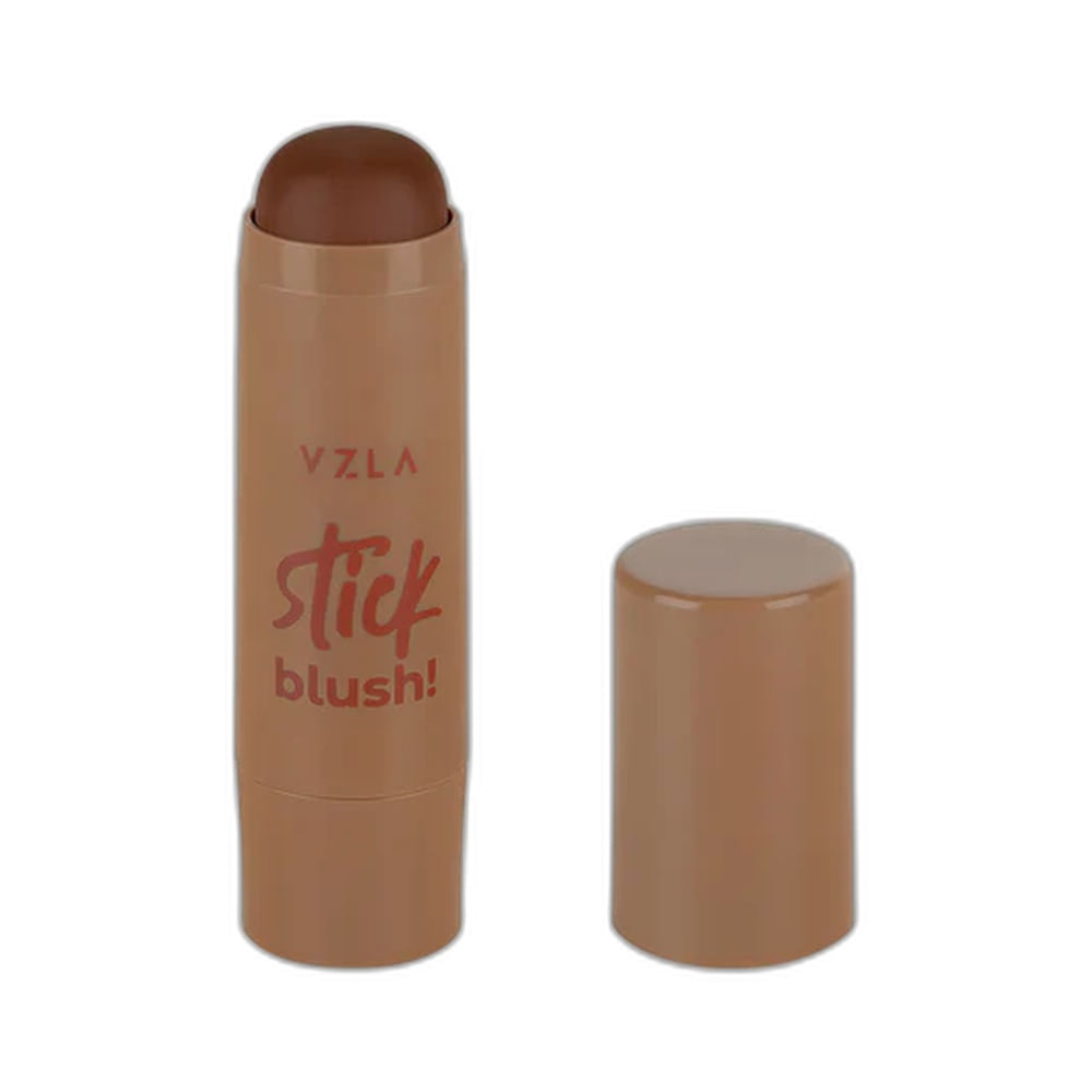 Blush Stick Vizzela Cinnamon mostrando embalagem cilíndrica marrom e produto em tom bege canela.